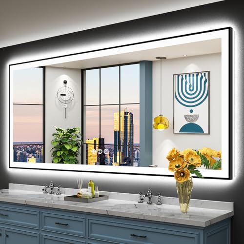 Image of 88x38 Black Framed LED Bathroom Mirror with Lights, Backlit and Front Lit Anti-Fog Lighted Vanity Mirror for Bathroom Wall, Dimmable, 3 Colors, Memory, Shatter-Proof, HD Tempered Glass, CRI 95