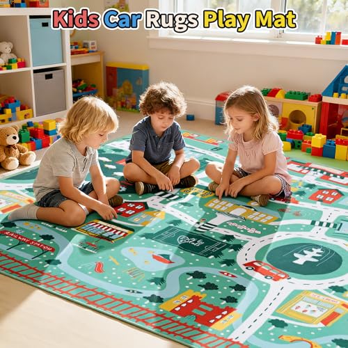 UKISS Educational Play Rug，55"x55" Traffic Road Kids Car Mat,Non-Slip Washable City Kids Play Mat,Area Rug Kid Carpet for Playroom Living Room Nursery Room Decor,Green — view 4