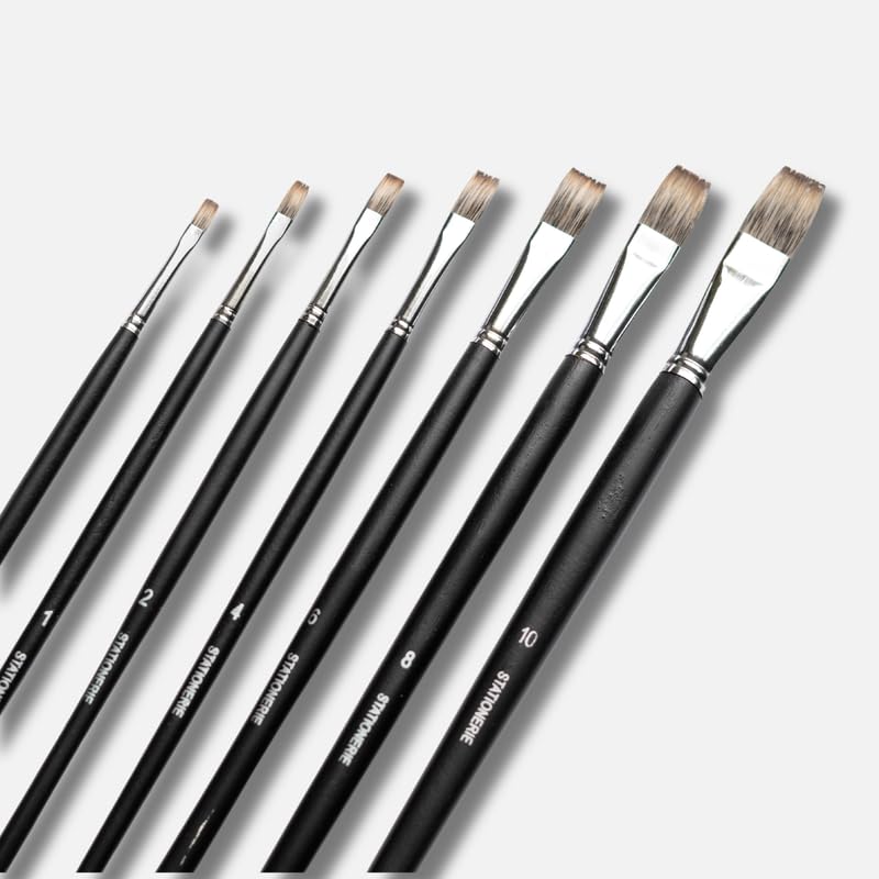 Image of Stationerie Flat Long Paint Brushes Set /Handmade Professional Artist Long Handle Painting Brush Set for Acrylic, Watercolor, & Gouache Painting (7 Flat Brushes)(Matt Black)