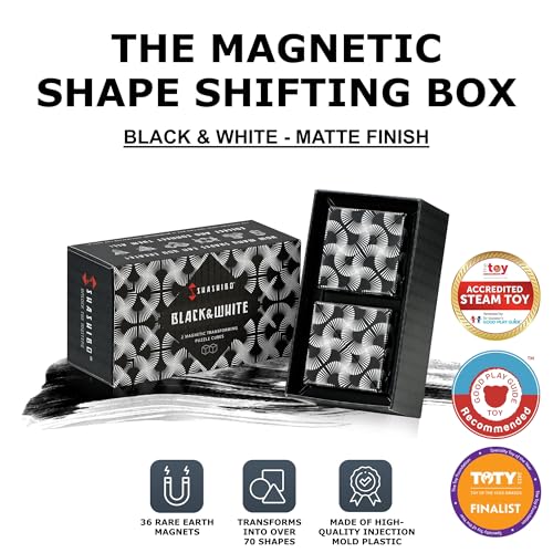 Image of Shashibo Shape Shifting Box - Award-Winning, Patented Fidget Cube w / 36 Rare Earth Magnets - Transforms Into Over 70 Shapes, Gift Box, Download Fun in Motion Toys Mobile App (Black & White, 2 Pack)