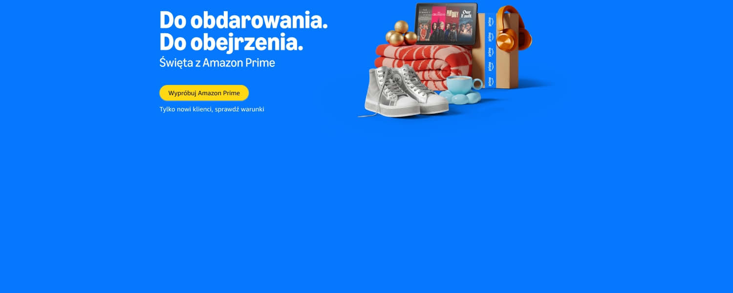 Świąteczna aranżacja z tabletem wyświetlającym treści streamingowe, srebrnymi butami sportowymi, niebieskim kubkiem i różowym kocem na jasnoniebieskim tle