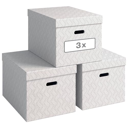 Leitz VON 3er Set Aufbewahrungsbox mit Deckel, 46 L, Groß, 100 % Recyclingkarton, Geometrisches Design, Für Schule, Studium und Haushalt, Weiß, 3 Stück, 61420001