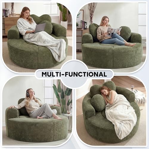 Image of Oversized Round Chair Lounge Chaise Indoor, 54.3 inch Upholstered Corduroy Deep Seat Single Cloud Sofa Chair with Heart-Shaped Pillow Modern Large Circle Boneless Couch for Living Room, Green