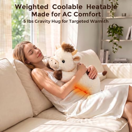 Image of Mewaii Weighted Stuffed Animals for Adults & Kids, 2-5 lbs - 23 inch Heatable Coolable Cow Plush, Microwavable Adjustable Removable Inner Pad, Realistic Hug Comfort Gift (White)
