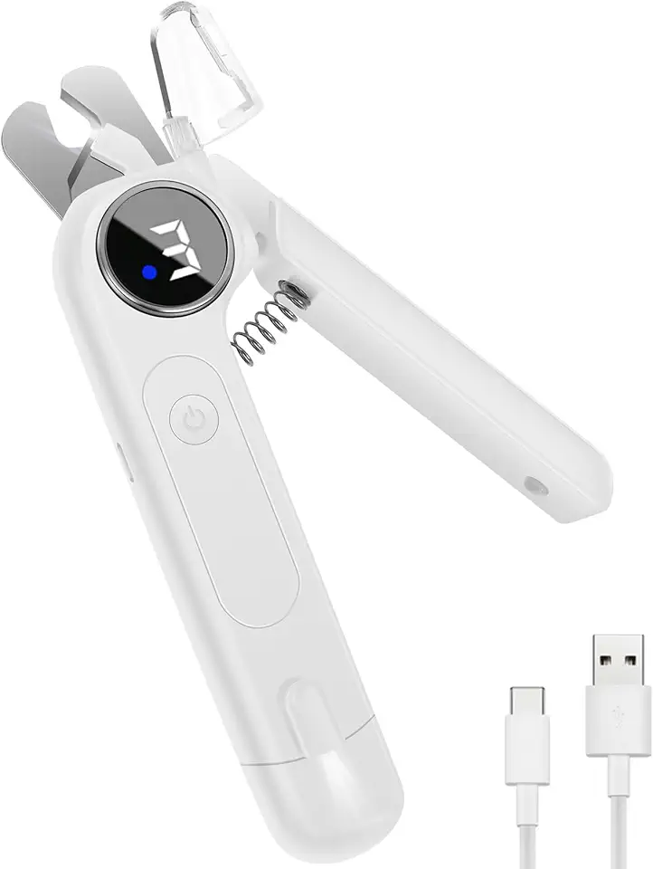 Cortador de unhas 2 em 1 para cães com luz, aparador elétrico de unhas para cães com proteção contra respingos recarregável por USB de 3 velocidades, luz de LED, segura e indolor, evita cortes