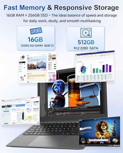 Image of Laptop Computer, 16GB RAM 512GB SSD, Pentium 6500Y Processor (Up to 3.4GHz), 14'' 1080P FHD IPS Display, 5000mAh Battery, WIFI5, BT5.0, Laptops for Students & Business