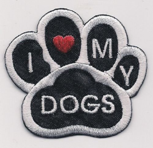 KCHEX Applique Patches Mini Black White I Love My Dogs Animal Paw Print Embroidery Applique Patch 1 3/4" x 2" wide 1 Pcs