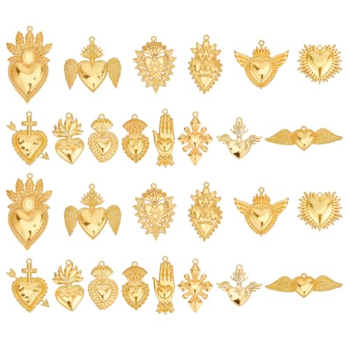 CRAFTYMELODY 14 Style 28Pcs Sacred Heart Charms Golden Cubic Zirconia Heart Pendants Charms Alloy Love Shape Pendant with Jump Rings for DIY Making Jewelry Bracelets Necklace Earring Craft by CRAFTYMELODY - Used condition - US$6.29