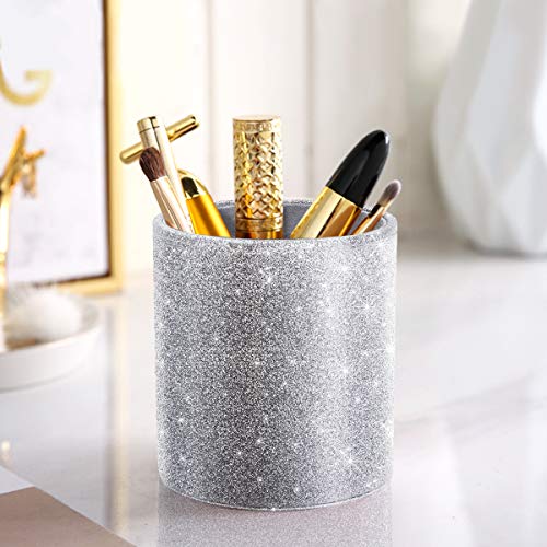 Image of Glitter Pen Holder, Pencil Cup Desk Sparky Bling for Women Girls, Luxury Durable Makeup Brush Holder Large Pu Leather Multi-Functional Organizer Cup for Office, Classroom, Home, Silver