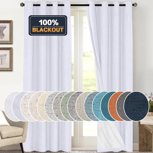 Image of PrinceDeco 100% Blackout Linen Textured Curtains for Bedroom Grommet Room Darkening Curtains & Drapes Luxury Decor for Living Room Solid Thermal Insulated with White Liner,Pearl White,52 x 108 Inch