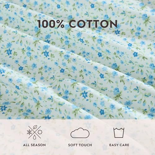 Image of Laura Ashley - Queen Size Sheet Set, Crisp & Lightweight Cotton Percale Bedding with Fitted Sheet and Pillowcases, Floral Room Decor, Deep Pocket, College Dorm Room Essentials (Evie Blue)
