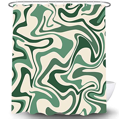 Sage Green Retro 70S Shower Curtain For Bathroom, Cute Abstract Swirls Vintage 1970S Hippie Bathroom Decor Shower Curtain Sets, Aesthetic Minimal Waterproof Fabric Bathroom Accessories With Hooks #TOP5