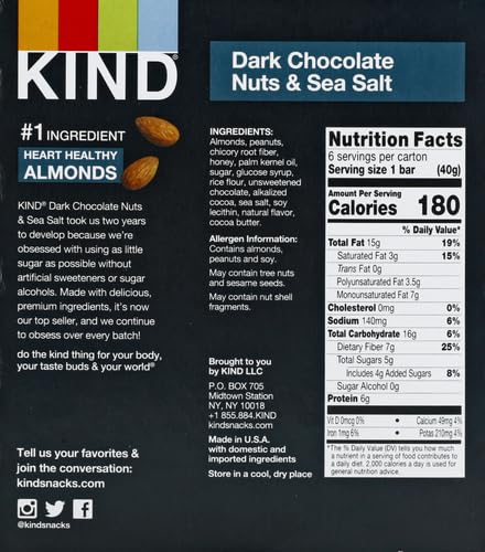 Image of KIND Nut Bars, Dark Chocolate Nuts and Sea Salt, Healthy Snacks, Gluten Free, Low Sugar, 6g Protein, 6 Count (Pack of 4)
