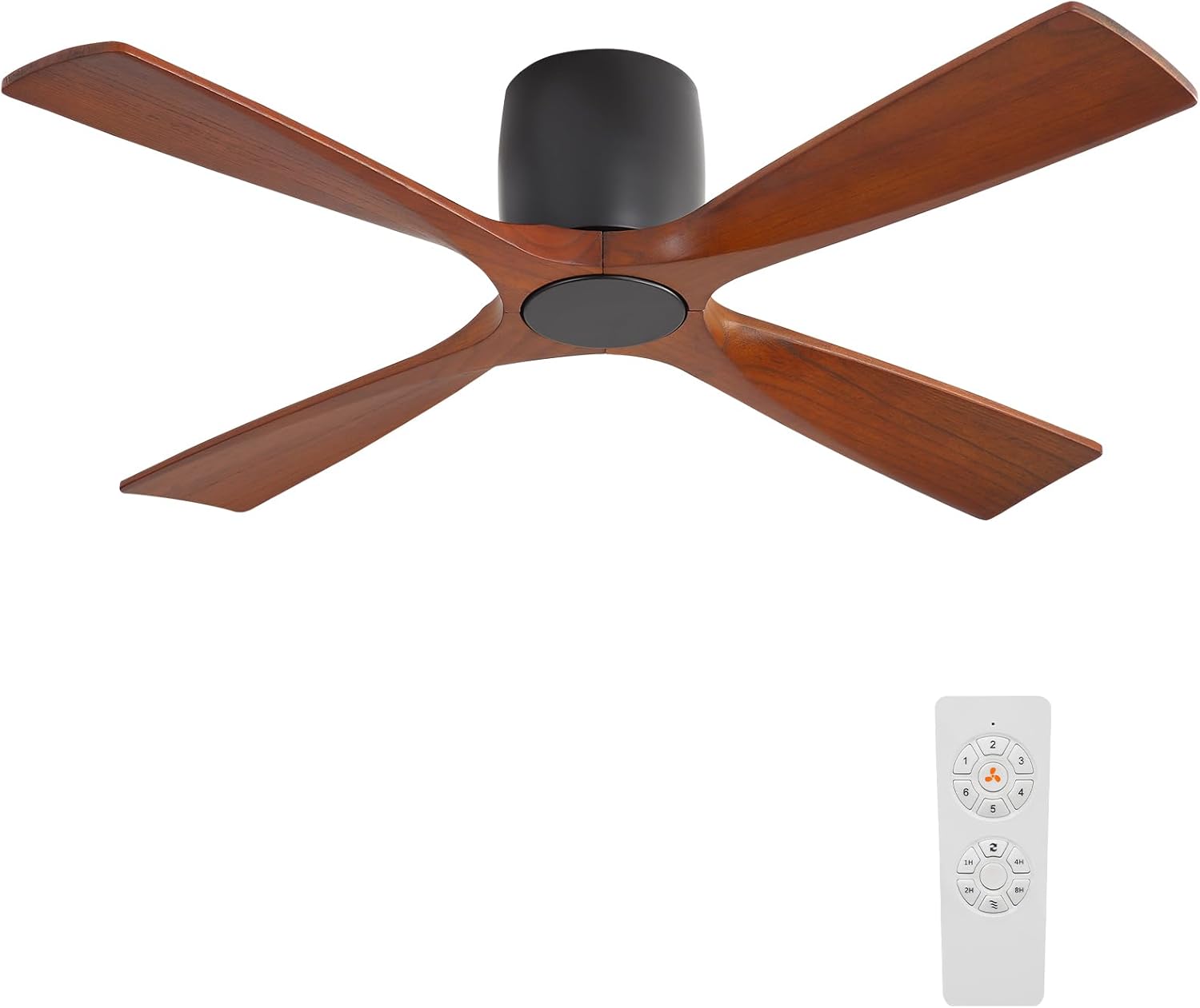 WINGBO 48 Inch Ceiling Fan Without Light, Solid Wood Flush Mount Ceiling Fan with Remote Control, Reversible DC Motor, 4 Blades,6-Speed Quiet Performance, for Bedroom & Living Room,Matte Black+Walnut