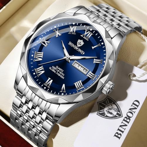 Image of BINBOND Men's Watch Luxury Business Dress Analog Quartz Stainless Steel Casual Date Wrist Watches for Men Easy Read Roman Numeral Large Dial Waterproof Luminous