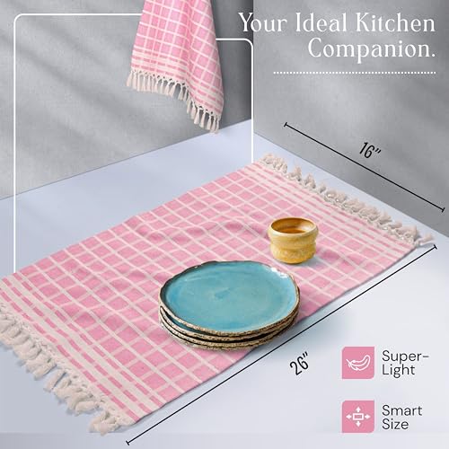 Image of Matrix Dobby Kitchen Towels 4 Pack 100% Cotton, 16x26 Inches, Dish Towels with Knotted Tassels, Reusable and Washable Cloths for Cleaning, Drying Dishes - Rose Pink, Natural