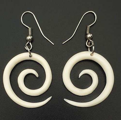Hand Carved Spiral Bone Earrings, Māori Open Koru Peace Pendant Tribal Bone Carving Earrings Fashion Jewelry GA0262