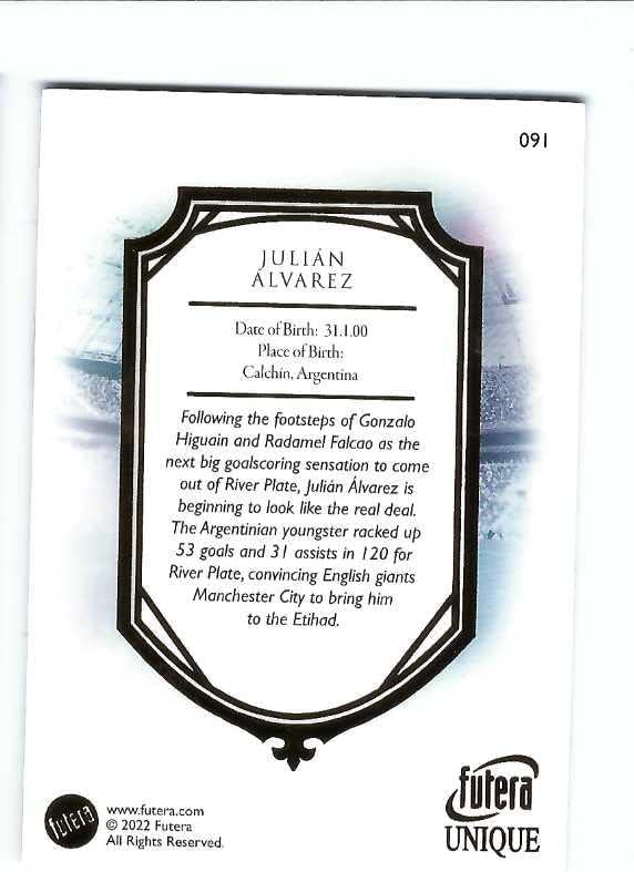 JULIAN ALVAREZ 2022 Futera Unique Next Soccer #91 Rookie Card RC Argentina Manchester City FC