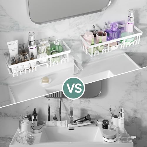 Image of Veken Shower Caddy 3-Pack, Advanced Rustproof Design, No Drilling Adhesive Shelves, Rack with Soap Holder, Large Capacity Bathroom Organizers and Storage, Wall-Mounted Kitchen & Home Decor, White