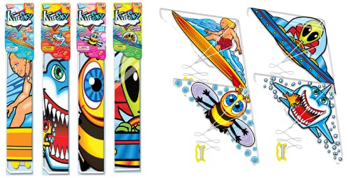 JA-RU Large Delta Kite w/ 200 ft. Kite String (4 Toys Assorted) Easy to Fly Kites for Kids Ages 8-12. Packable Beach Toys. Outdoor Games & Activities. 9871-4p