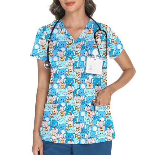 LOMON Women's V Neck Printed Scrub Top with 3 Pockets