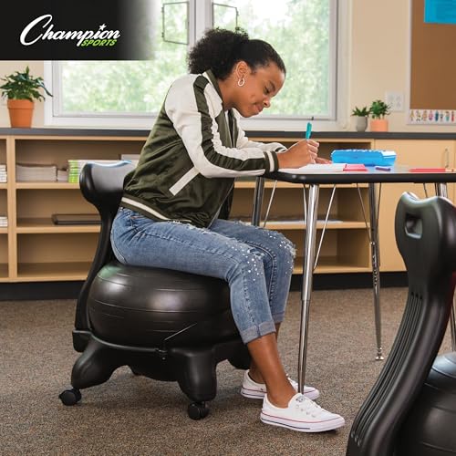 Image of Champion Sports Exercise Ball Chair: FitPro Balance Ball Chair with Wheels and Back Support for Home or Office Use - Includes Hand Pump - Black