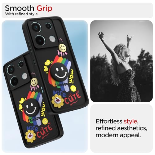 Image of Pikkme Back Cover for Redmi Note 13 Pro 5G / Poco X6 5G | Soft Silicone| Cute Rainbow Smile & 3D Cartoon Flower Design | Shockproof Raised Camera Protection Bumper Case (Black)