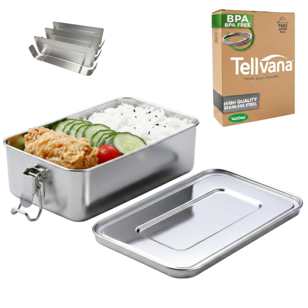 Tellvana 1400ml Stainless Steel Bento Lunch Box - Large 3 Compartment Metal Food Container for Adults & Kids - Leakproof, Eco-Friendly, BPA-Free, Dishwasher Safe, Plastic-Free & Office Meal Prep