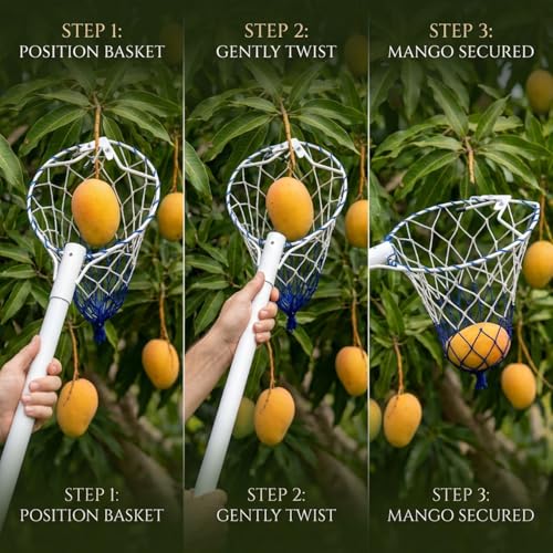 Image of ecofynd Fruit Picker Tool with Pole Attachment, Metal Frame & Nylon Net Basket for Mango, Apple, Lemon & Orange, Lightweight Fruit Harvester for Safe Fruit Picking from Trees, Garden & Farm (White)
