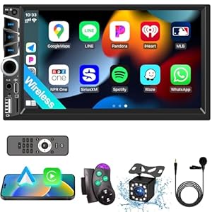 7″ Double Din Car Stereo with Wireless Apple CarPlay,Car Radio Build-in Bluetooth 5.2,IPS Touchscreen 1024×600,FM Radio,Backup Camera,Dual USB,Type-C Fast Charging,GPS Navigation,Subwoofer,Car Play