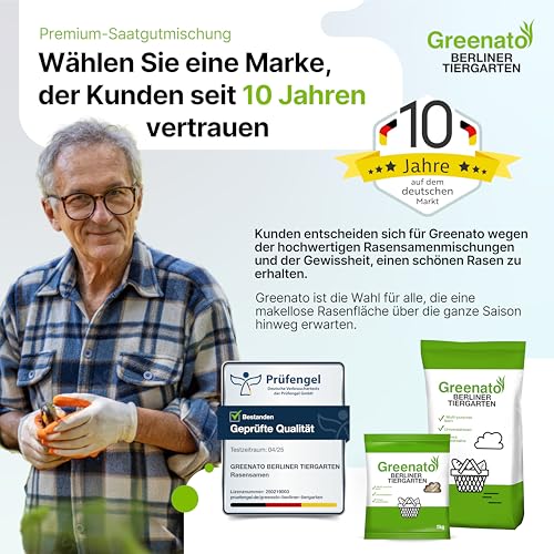25 kg Grassamen schnellkeimend Greenato Berliner Tiergarten - Schattenrasen Unkrautvernichter und Moosvernichter Rasen Universal Rasensamen - Rasensaat ausreichend für 1000 m²