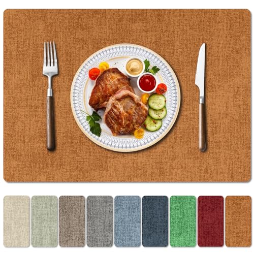 Enaskv Faux Leather Heat Resistant Fall Placemats Set of 4 – Waterproof Oilproof Wipeable Dining PU Vinyl Place Mat Easy Clean Table Mats for Kitchen/Dining/Party/Holiday, Orange