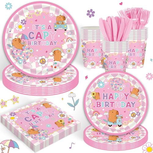 120PCS Capybara Party Supplies for Girls Kids Birthday Party Capybara Birthday Decorations Pink Hippy Tableware Set Includes Plates Cups Napkins Forks Knive Serves 20 Guests