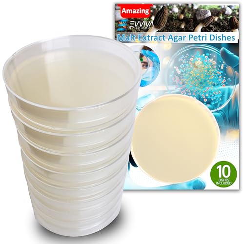 Malt Extract Agar Plates - Evviva Sciences - Great for Mushrooms, Molds, Fungus - 10 Prepoured MEA Petri Dishes - Also Great for Science Fair Projects!