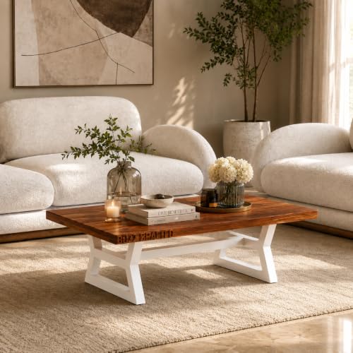 Image of Coffee Table, Solid Sheesham Wood, Brown & White | Solid Sheesham Wood