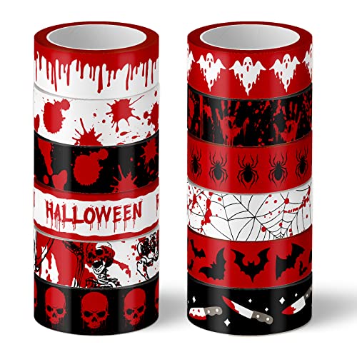 Whaline 12 Rolls Halloween Bloody Washi Tapes Blood Spatter Spooky Bloodstain Skull Ghost Masking Tapes 15mm Scary Bloody Washi Tape Set for Scrapbook Journal DIY Craft Gift Wrapping 16.4Ft