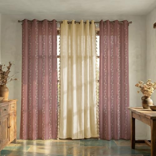 Image of Urban Space Printed 100% Cotton Curtains for Door, Combo Set of 3 Curtains 7 Feet Long, Tieback & Eyelets Included with Curtains for Home Decor (Garden Trail Muddy Pink & Aura Beige, 7 Feet)