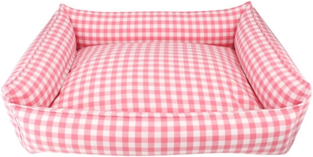 Gingham Dog Bed for Small & Medium Dogs - Washable Plaid Checked Bed with Removable Cover (L - 20"x 27", Peach)