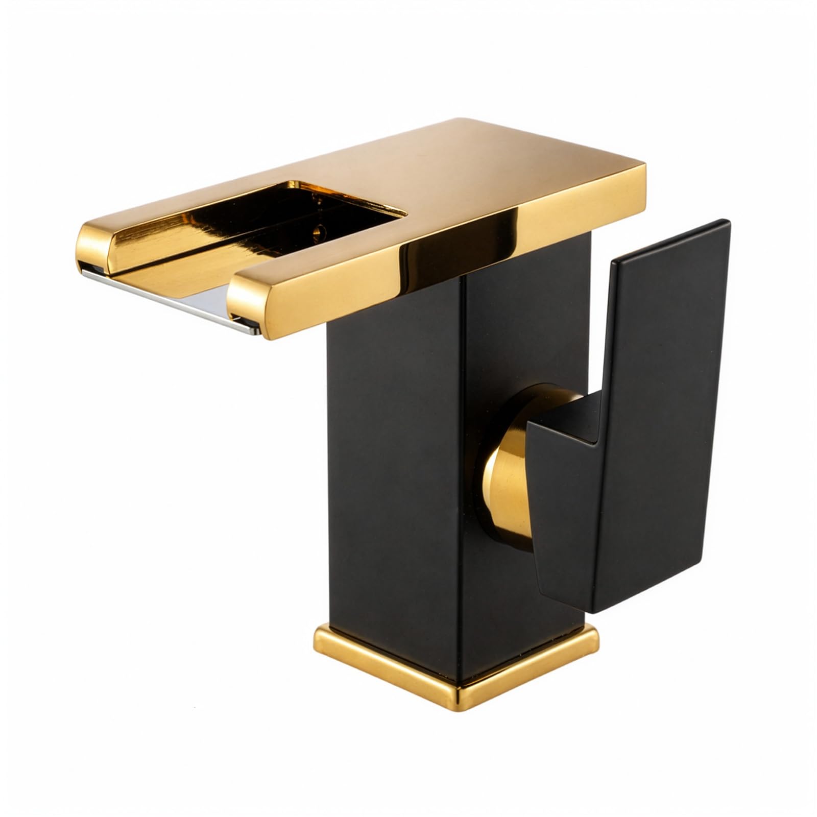 GREENSAPPIRE Waterfall Basin Mixer Tap, Matt Black & Gold Bathroom Sink Tap, Mono Single Lever Brass Cloakroom Faucet with G1/2” Hoses