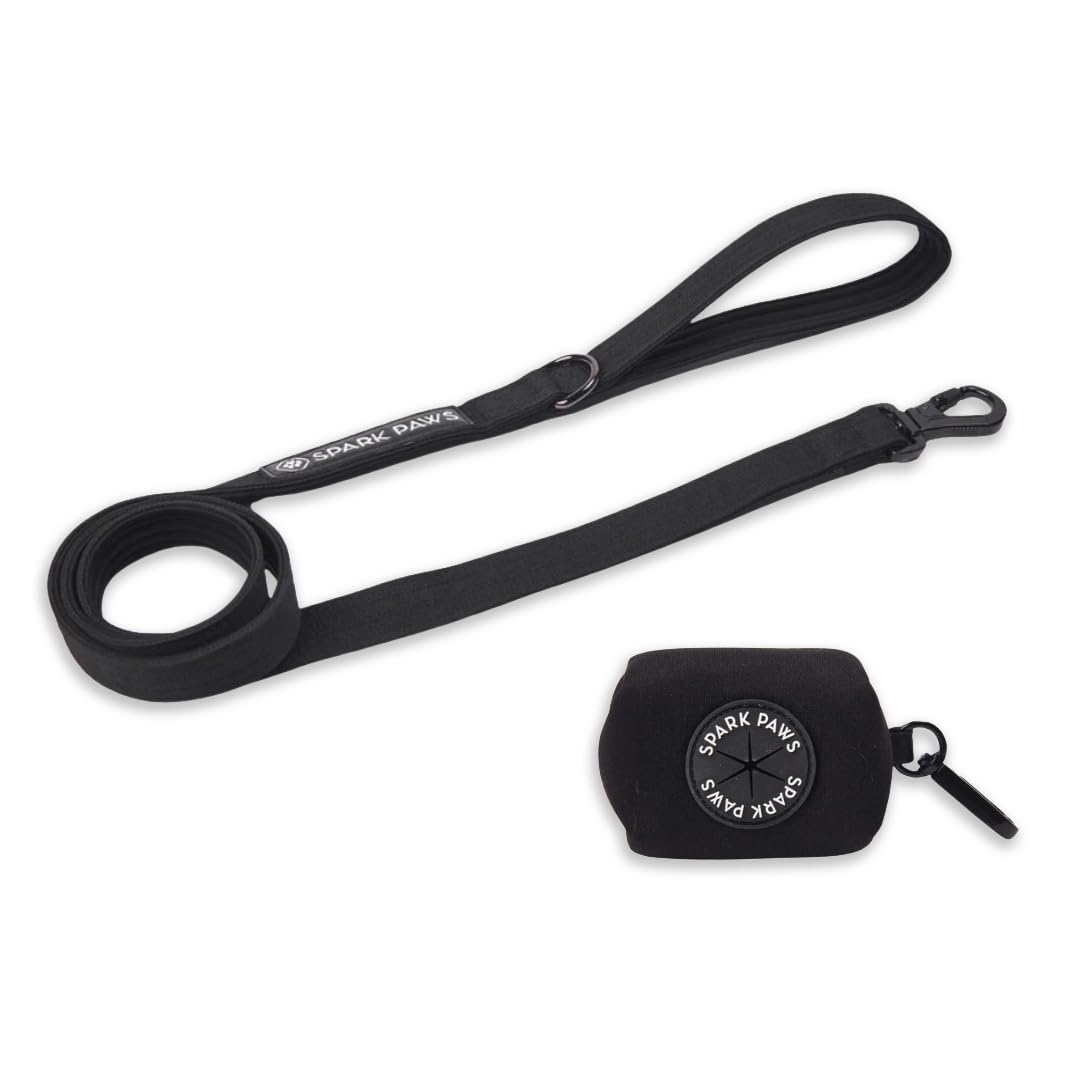 Spark Paws Premium Dog Leash & Poop Bag Set - Heavy-Duty Alloy Hook for Strong Pulling Breeds - Comfortable, Durable & Secure - Black