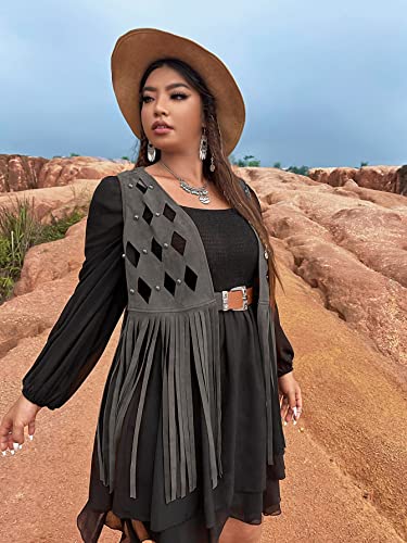 WDIRARA Women's Plus Size Cut Out Tassel Hem Vest Faux Suede Sleeveless Jacket Cardigan4