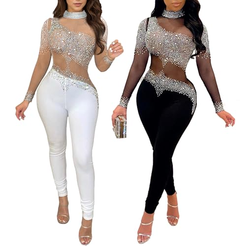 Image of Jigfar Women Sexy Embellished Rhinestone Bodycon Jumpsuit Mesh See Through Patchwork Birthday Party Night Out Clubwear