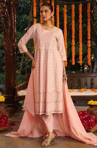 Janasya Indian Women's Cotton Pink Ethnic Print Festive Wear Kurta Set for Women2