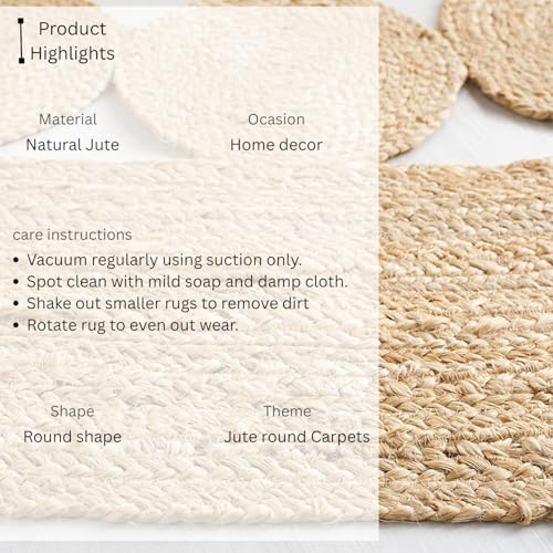 Image of Rounds Jute Carpet - Handwoven Natural Fiber Rug for Living Room, Bedroom, Entryway | Boho Chic Eco-Friendly Area Rug | Rustic Designer Floor Mat:-(Jute Tikki Border, 4x4 feet