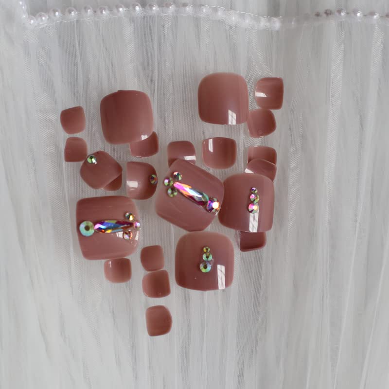 Miniatura 5 de ZYBUXY 24 uñas de los pies a presión color caqui para los dedos de los pies, elegantes y exquisitas piedras brillantes, uñas postizas para novias,