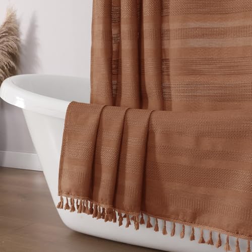 OVZME Terracotta Shower Curtain for Bathroom - Farmhouse Linen Textured Shower Curtain with Tassel Rustic Striped Heavy Duty Vintage Country Bathroom Curtain 72Wx72L Inches