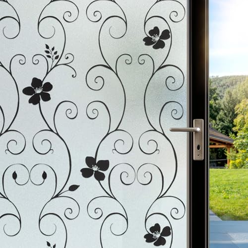 DIFIT Window Film Privacy Film for Glass Windows Frosted Window Film Flower Patterned Static Cling Self Adhesive Window Frosting Film Anti UV Opaque Glass Film for Home (Black Flower, 44.3x200cm)
