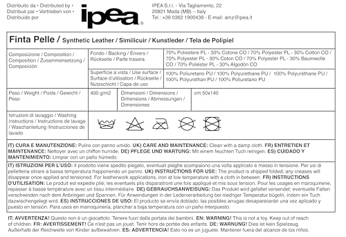 IPEA Kunstleder Schwarz für Dekor und Beschichtung 140 x 50 cm - Made in Italy - Kunstleder für Sofas, Stühle, Kleidung, Accessoires - Polsterstoff Bezugsstoff Lederoptik - Halben Meter