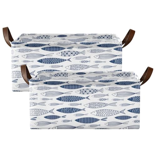 Fygkptb Seamless Blue Tribal Ethnic Ornamental Fishes on White 2 PC Rectangle Foldable Frame Basket Leather Handles Storage Bin for Laundry Bathroom Organizer 16.9 x 11.4 x 7.7 inch