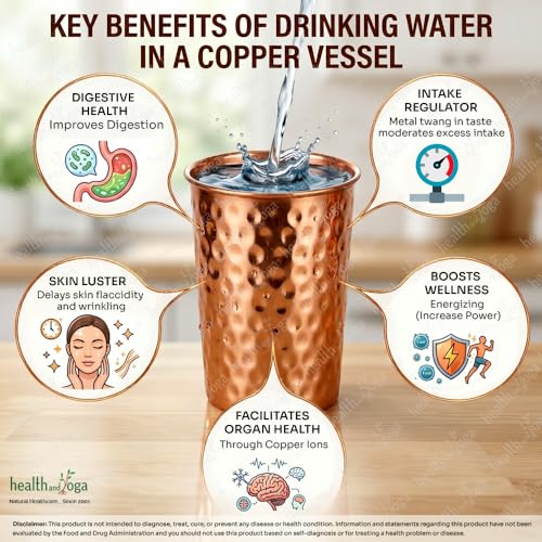 Image of HealthAndYoga qCup Hammered Pure Copper Glasses- 250 ml (Pack of 2)- For Purified Ayurvedic Anti-oxidant Tamra Water - Boosts Digestion, Immunity, Skin Glow- Drinkware, Bar accessory, Aesthetic Gift
